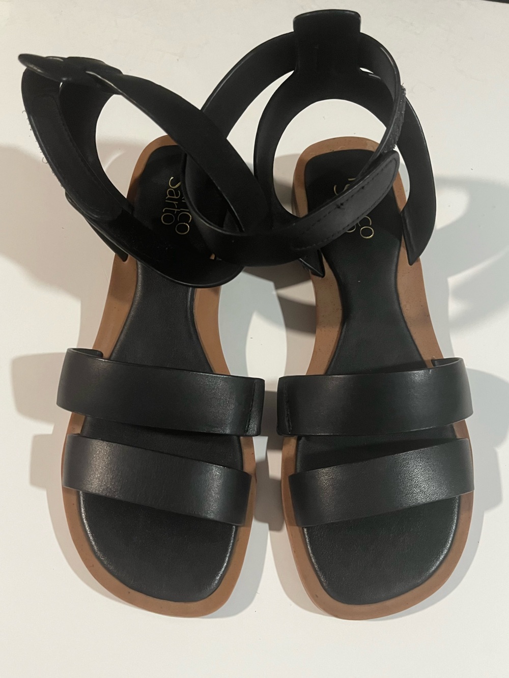 Franco Sarto Black Strappy Ankle Sandals with Tan Trim